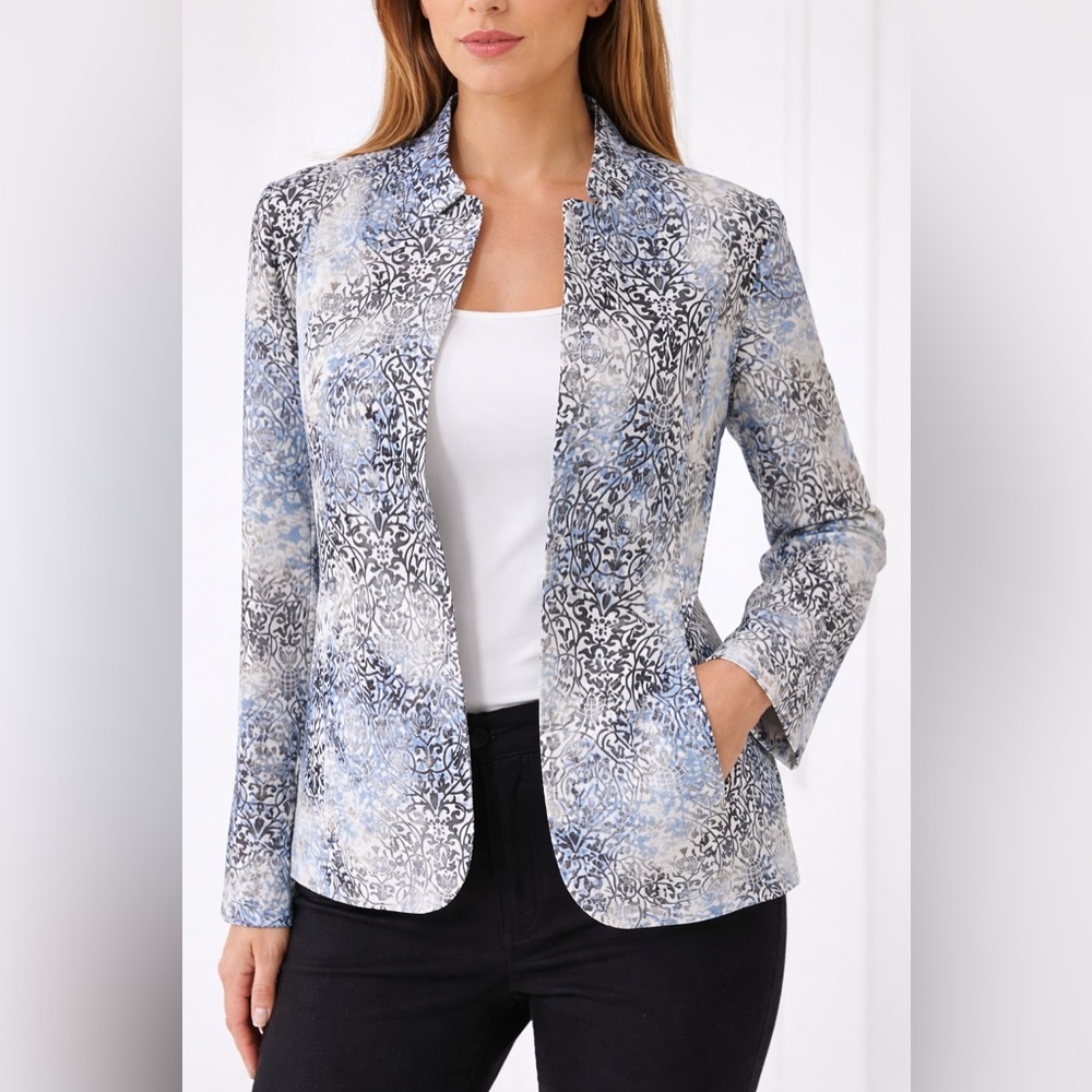 Women's Blue & Gray Printed Open-Front Jacket